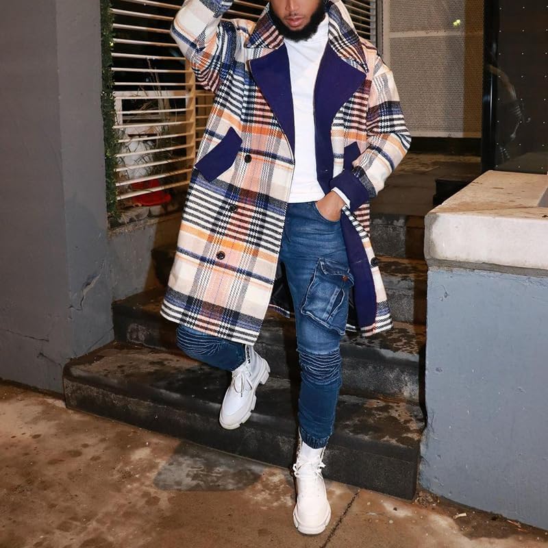 Men's Plaid Trench Coat Lapel Slim Fit Single Breasted Wool Blend Pea Coat Casual Winter Mid Long Jacket Overcoat - Image 2