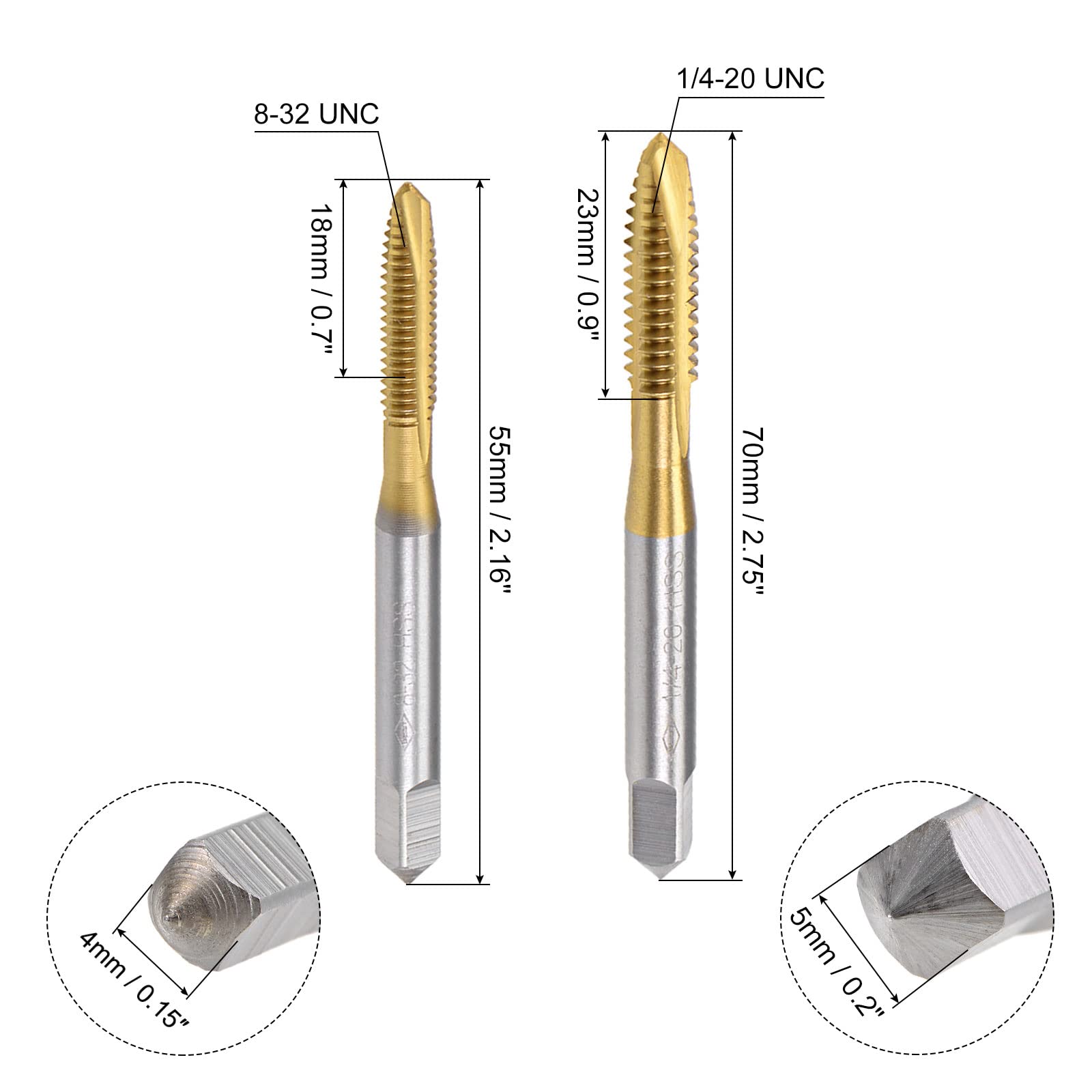 QUARKZMAN Espiral Punto Enhebrado Macho, 1/4-20 UNC 8-32 UNC H2 3 Flautas Alta Velocidad Acero Titanio Revestido Máquina Tornillo Roscado Herramientas, 4uds
