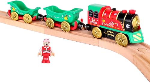 Miniatura 8 de Juego de tren de Navidad para pistas de madera, tren de locomotora con motor a batería con luces, sonidos y música navideña, juguete de tren