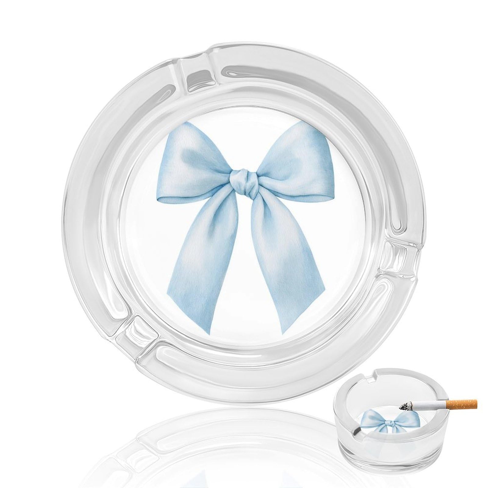 Pale Blue Satin Ribbon Bow Feminine Aesthetic Glass Ashtray for Cigarettes Portable Decorative Ash Trays for Home Office Decor