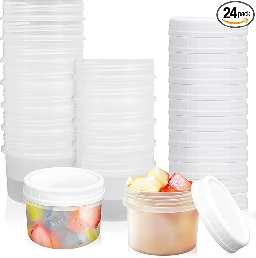 24 Pack 5 oz(160 ml) Food Storage Jars with Screw Lids, Reusable Small Refrigerated Jars, Small Plastic Freezer Storage Food Containers for Cake Jam Ice Cream