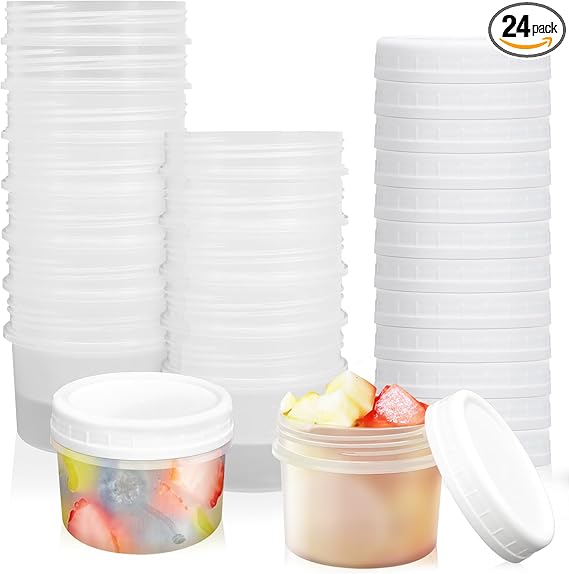 24 Pack 5 oz(160 ml) Food Storage Jars with Screw Lids, Reusable Small Refrigerated Jars, Small Plastic Freezer Storage Food Containers for Cake Jam Ice Cream