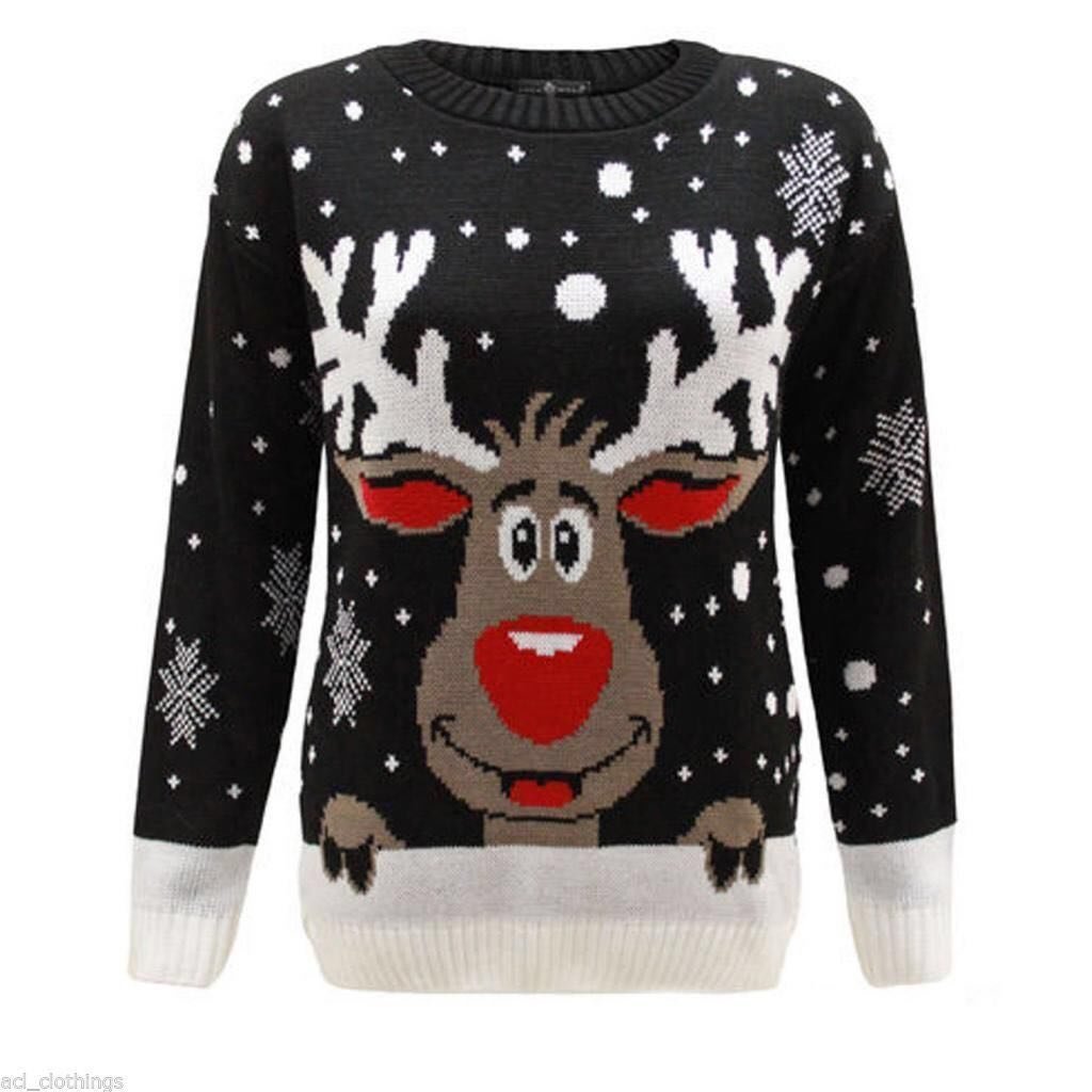 Flyers Limited Women's Black Knitted Xmas Christmas Rudolf Reindeer Nose Jumper (Xxl (20-22), )