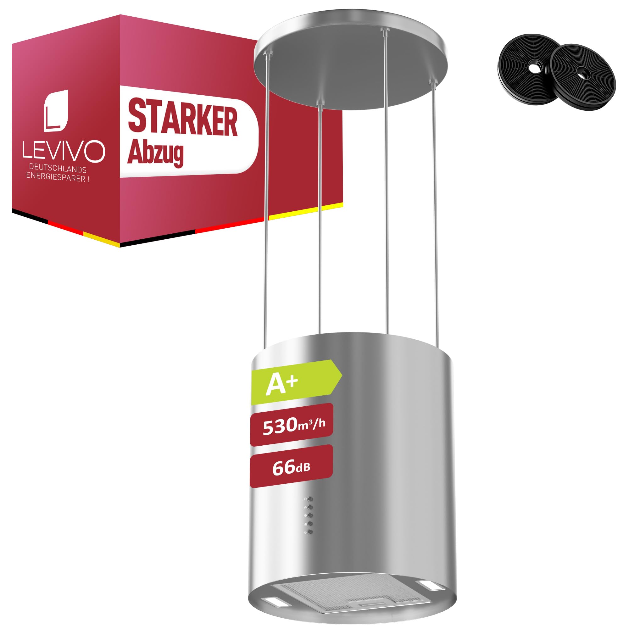 LEVIVO A+ Inselhaube Umluft Freihängend 530 m³/h Dunstabzugshaube 2 Aktivkohlefilter 1 Fettfilter 3 Stufen Booster 2 LEDs Silber