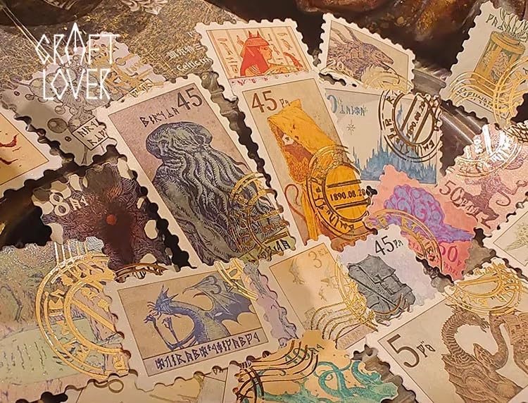 Image of 28 Pieces Cthulhu Stamps Stickers Paper Handmade Vintage Postcards Octopus Monster Bookmarkers Perfect Gift for Worth Collecting Art Gifts Collection (7 * 6.2Inches)