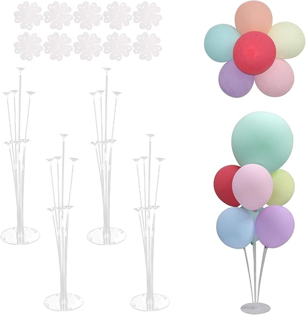 PIXHOTUL Balloon Stand Kits, 4 Set Balloon Centerpiece Stand Holders, 10 Pcs Balloon Flower Clips and 100 Glue Points kits for Birthday, Baby Shower, Wedding Party