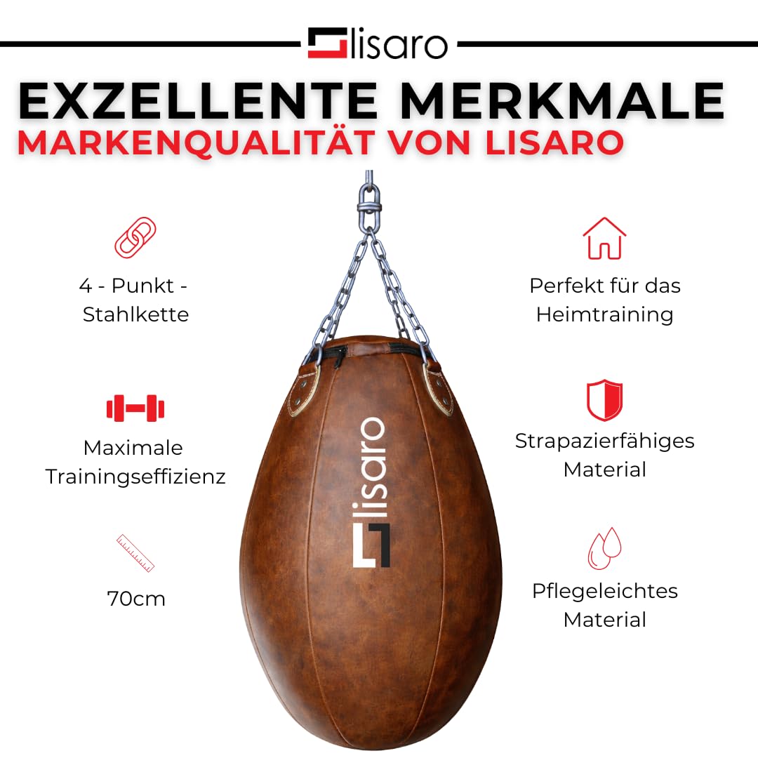 Lisaro Profi Maisbirne 70 cm – Boxbirne Punchingball hängend – 17 kg gefüllt – Premium Kunstleder Punching Bag für Boxen, Muay Thai, Kickboxen, MMA & BJJ – Boxsack Training für Gym & Home Gym