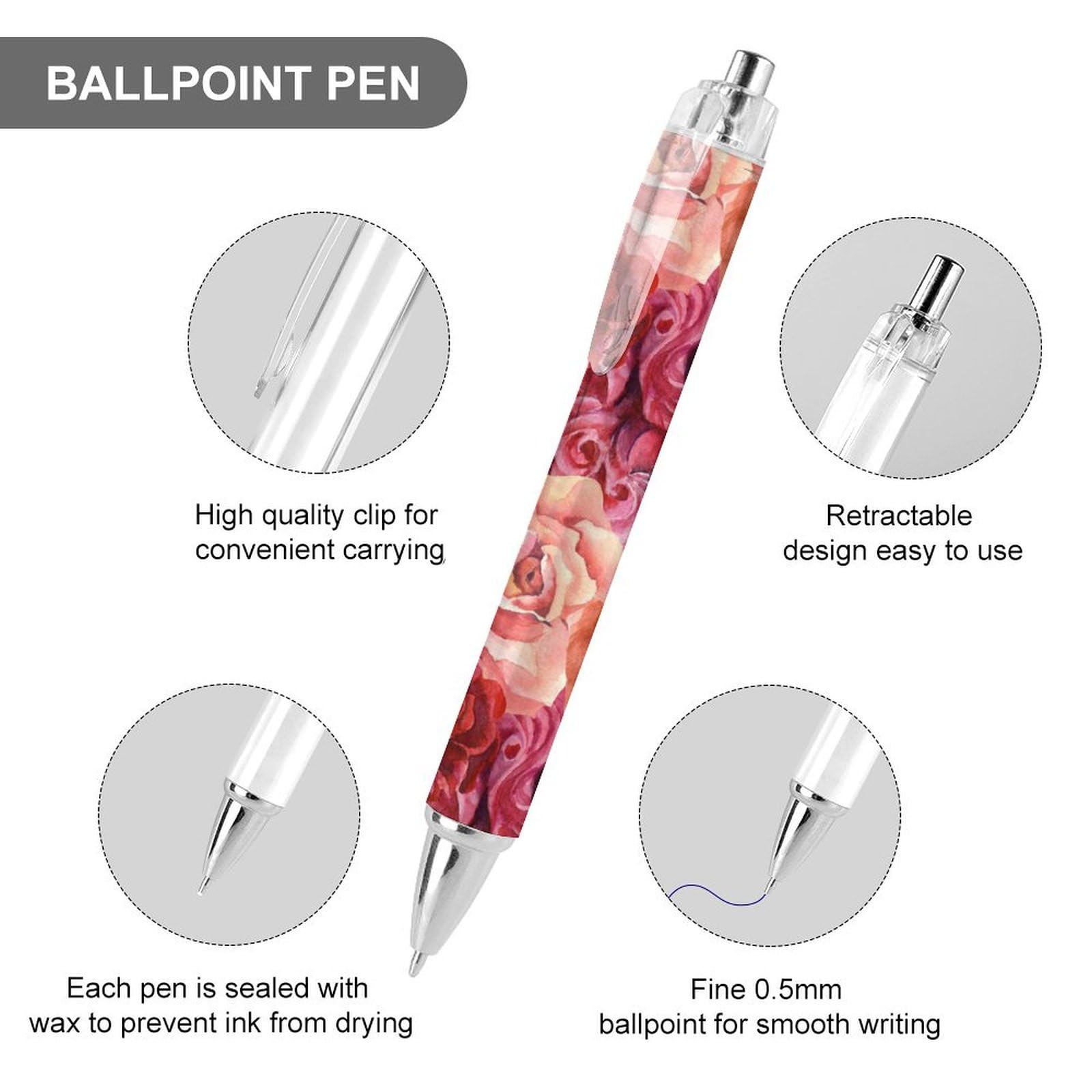 Niapessel Stylo Bille Gel Noir Rétractable 0.5 – Pointe Fine Motif Coquelicot Fleurs Champ, Écriture Fluide