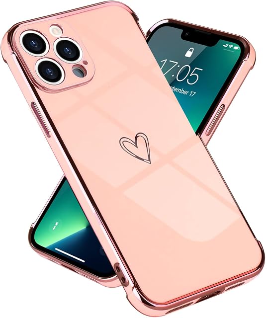 Micoden for iPhone 13 Pro Case Cute Girls Silicone Heart Pattern Design Cases Fashion Plating Edge Ultra Thin Shockproof Protective Bumper Phone Case for iPhone 13 Pro Pink