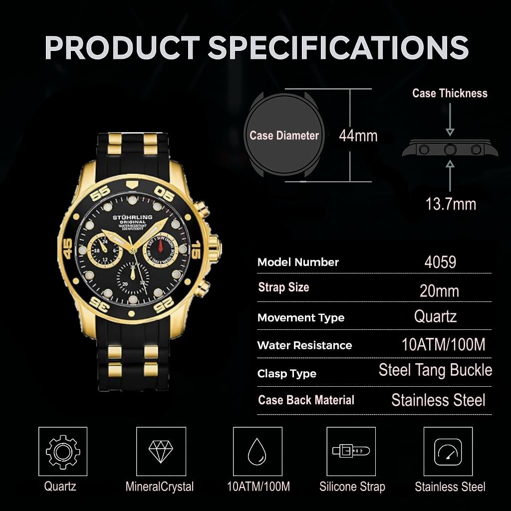 Stuhrling Men's Multi-Function Watch, Black Dial, Silver Case, Black Silicone Band