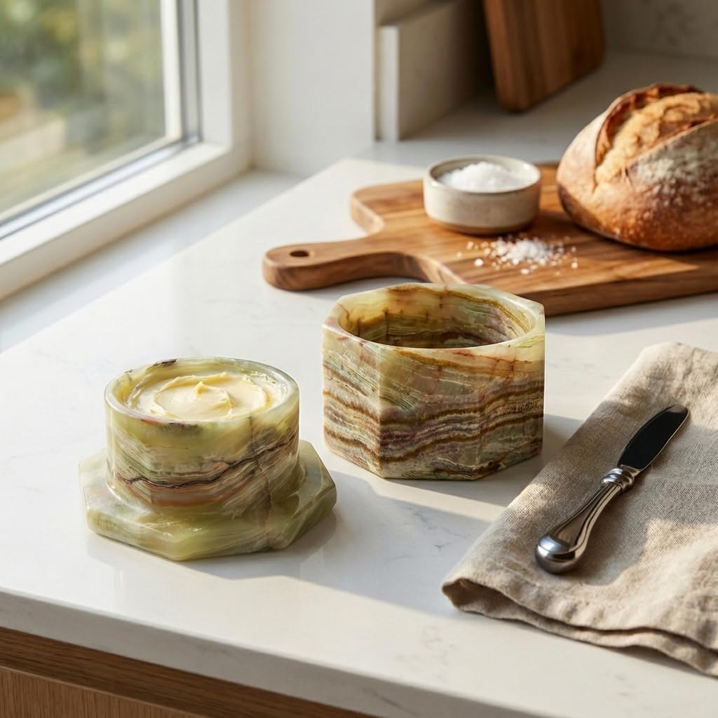 Marble Star Butter Keeper Crock – French Butter Dish with Water Seal – Handmade Butter Keeper for Countertop, Keeps Butter Soft & Spreadable (Green Onyx)