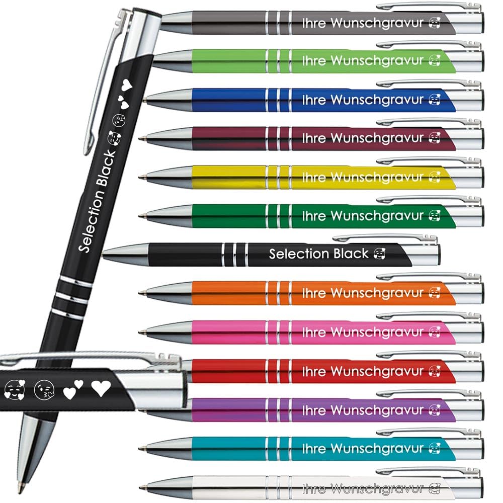 Juwelier Schönschmied Ballpoint Pens with Engraving | Emojis Engraving Possible | 13 Colours | Promotional Ballpoint Pens with Desired Engraving | Personalised Pens (Black, 50)
