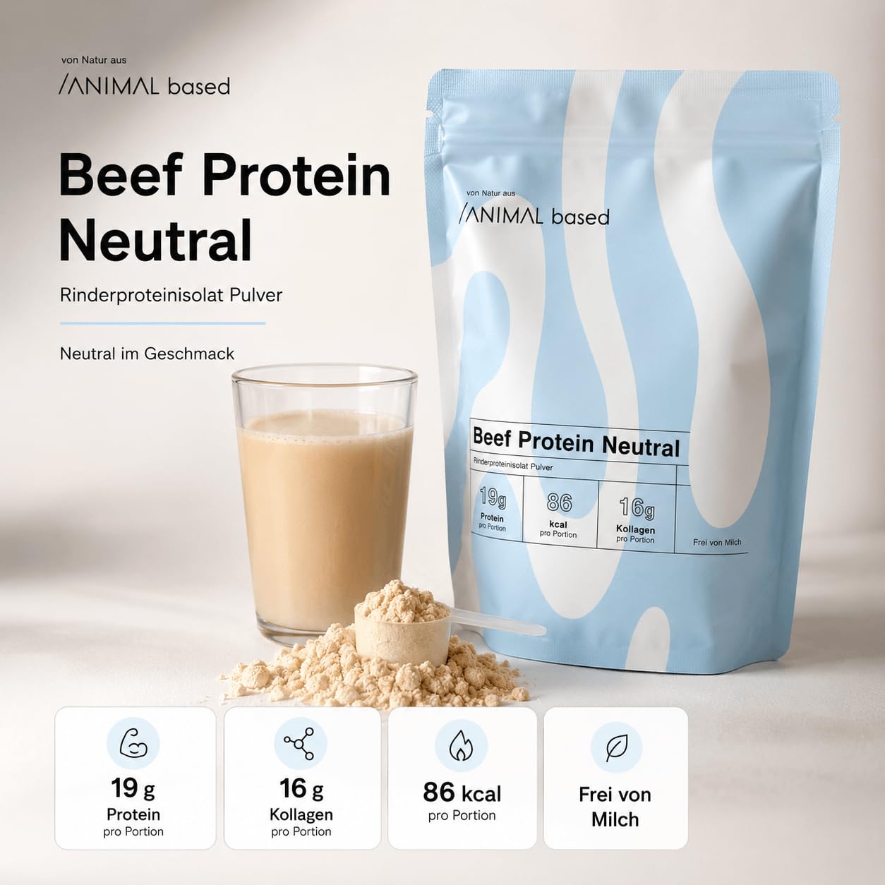 Animal Based Rinderprotein Pulver Neutral 300g - Natürliche Zutaten - 19g Protein - 16g Kollagen - 86 kcal - Beef Protein - Kollagen Typ 1,2,3 - Knochenbrühe vom Weiderind - Bone Broth - Histaminarm