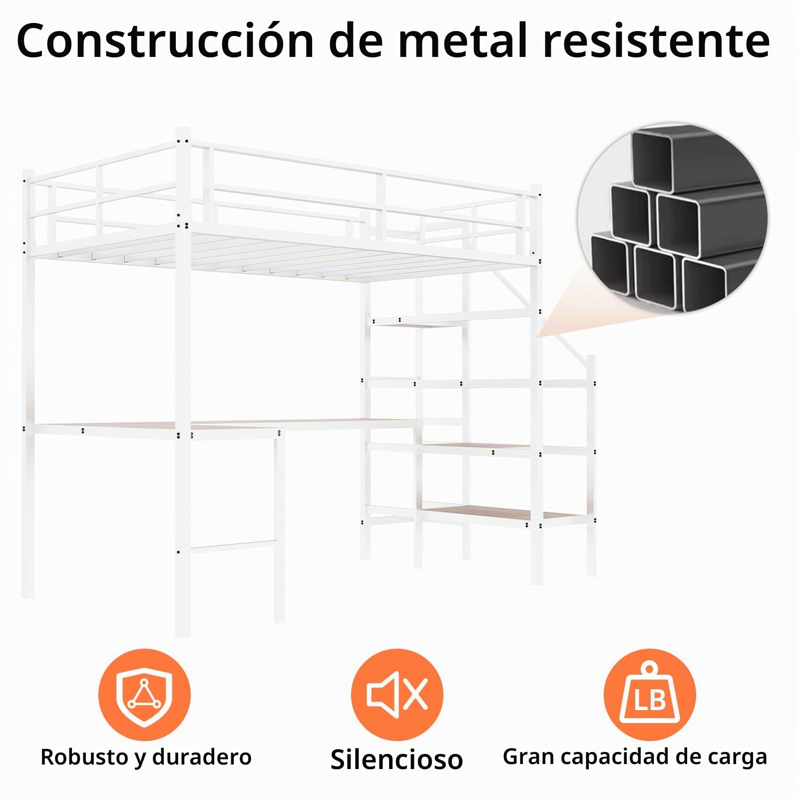 Cama alta de metal 90 x 190 cm, con escritorio, escalera con amplio espacio de almacenamiento y compartimentos, barandilla de seguridad, color blanco (sin colchón)