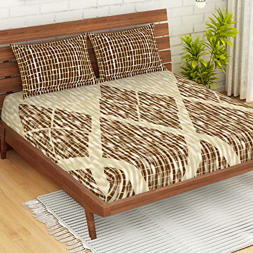 Image of Spaces Atrium Plus 100% Cotton King Size Fitted Double Bedsheet with 2 Pillow Covers Soft Feel Skin Safe Breathable Fabric (Geometric, 183CM X 198CM + 30CM) - Brown