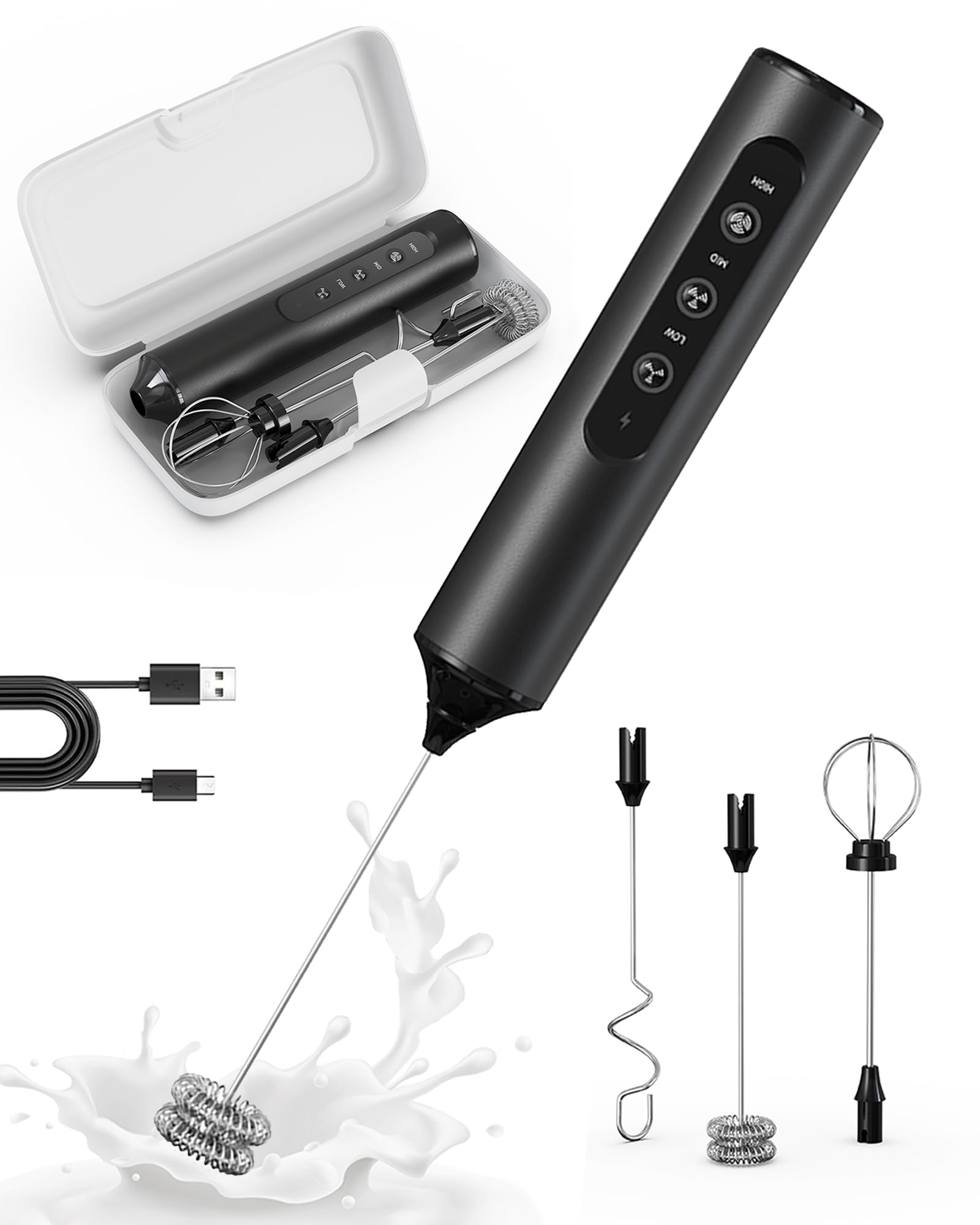 Mousseur à lait rechargeable avec boîte, mousseur à café portable à 3 vitesses avec 3 fouets, baguette mousseuse électrique pour café, latte, cappuccino, chocolat chaud, matcha et œuf, noir