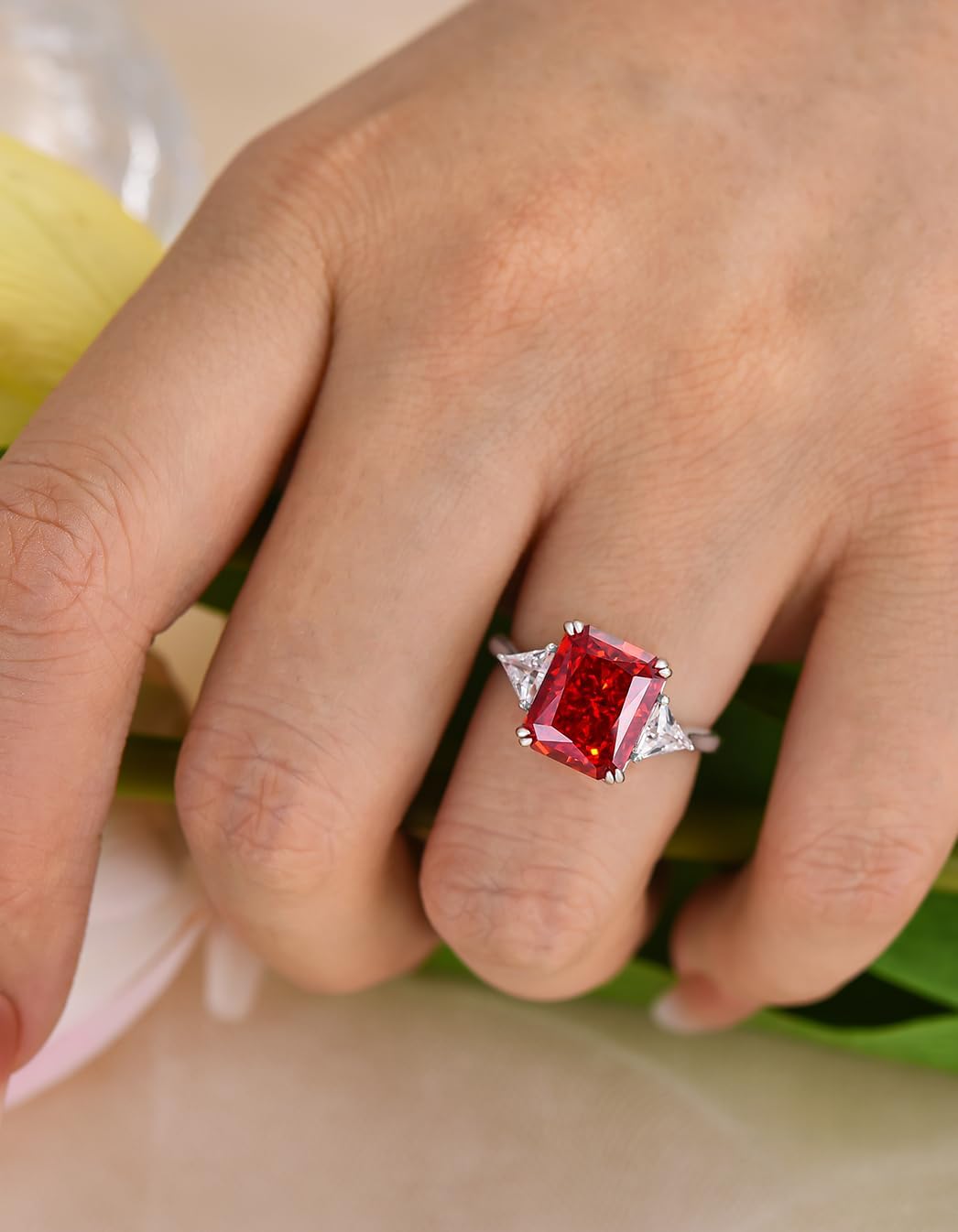 RODIFFY 4.0/5.0CT Yellow,Ruby, Blue Stone Engagement Ring for Women,3-Stone Radiant Cut S925 Silver Promise Ring