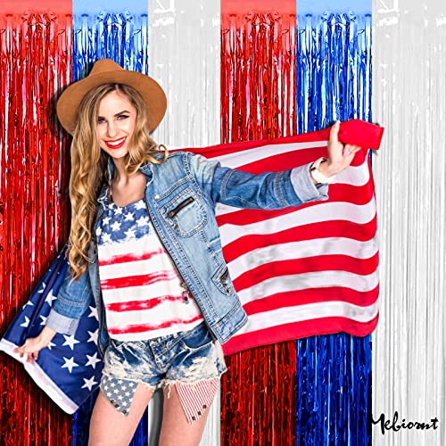 Image of 4 Pack 3.2Ft x 6.6Ft Independence Day Fringe Curtain Backdrop, Red Blue White Metallic Tinsel Foil Fringe Streamers Curtains Background for Photo Booth Birthday Wedding Carnival Party Decorations