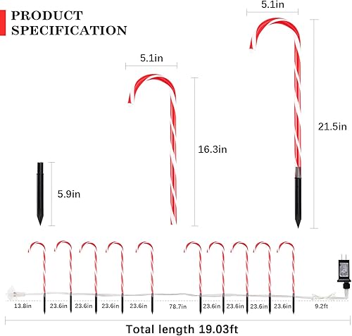 Miniatura 3 de Wecolor Juego de 10 luces LED de Navidad con diseño de bastón de caramelo para camino, luces de estaca para exteriores con 8 modos de iluminación,