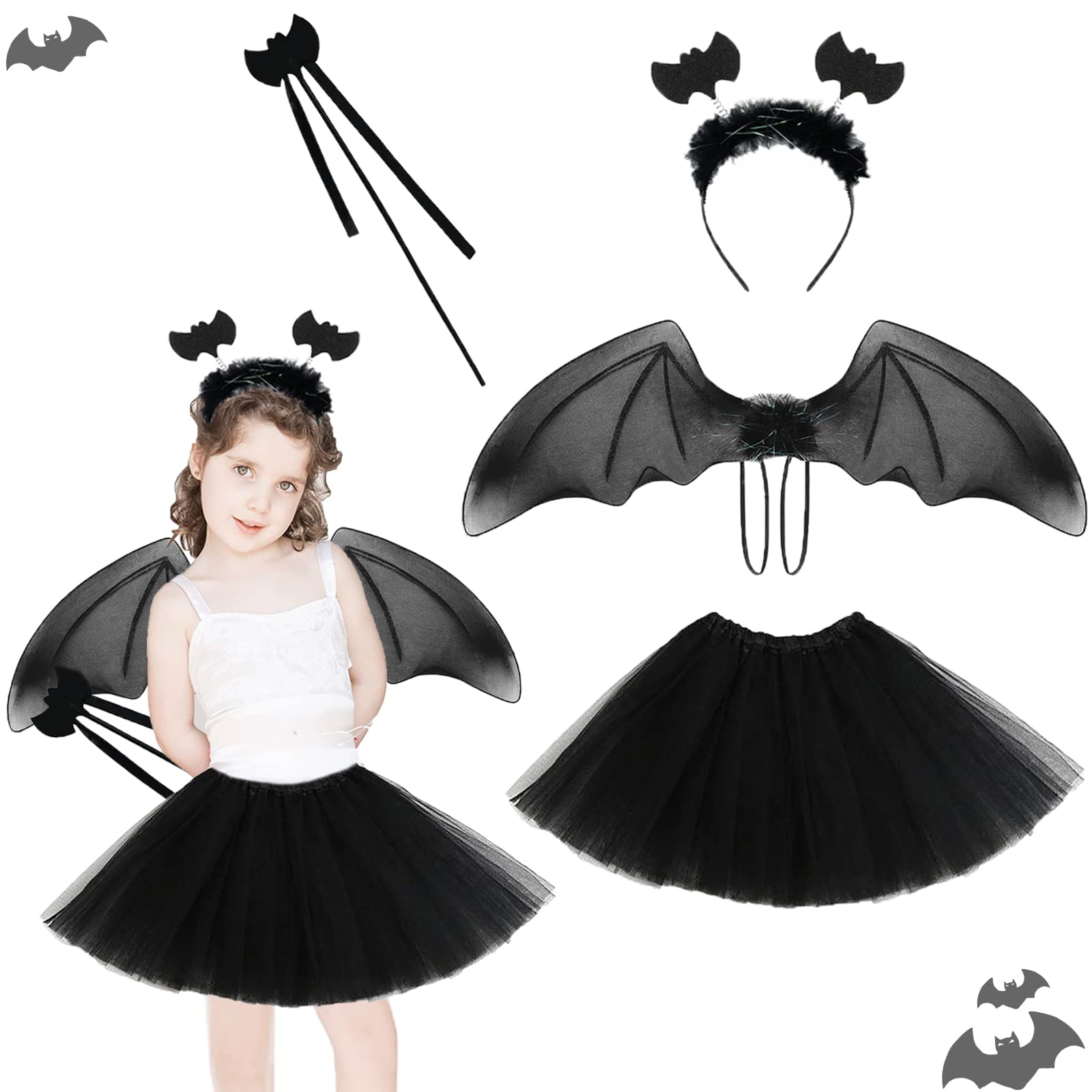 IWTBNOA Juego de disfraz de araña, 4 unidades de disfraz de Halloween para niños, disfraz de Halloween para niños, niñas, tutú, alas, varita mágica, tiara, araña, carnaval, disfraz para fiestas