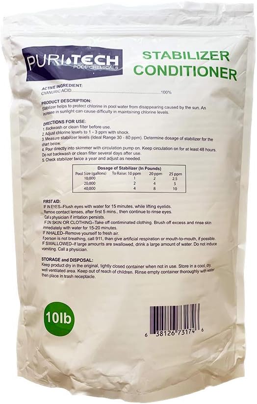 Puri Tech Pool Chemicals Stabilizer & Conditioner 100% Cyanuric Acid for Pools and Spas, UV Protection for Chlorine Dissipation, Fast Acting - 10 lb