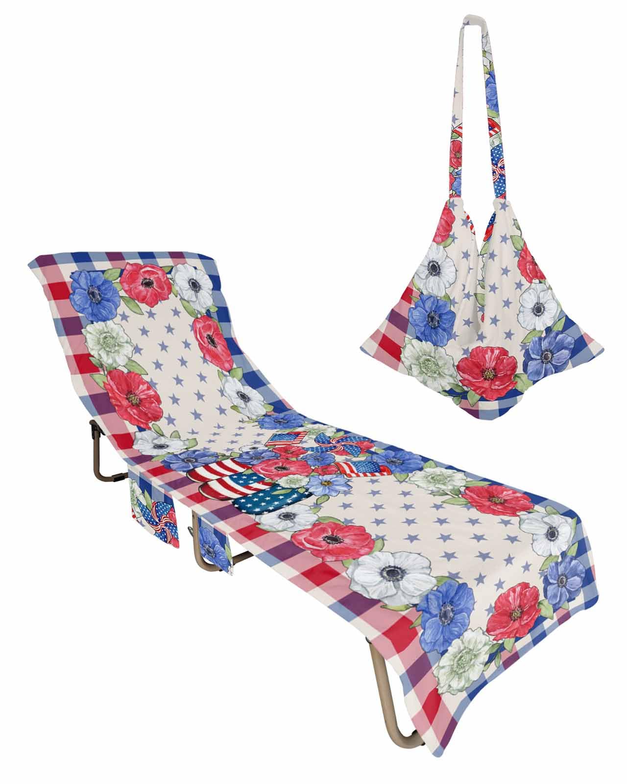 4th of July Beach Chair Towel Covers for Chaise Lounge with Side Pocket, Soft Plush Pool Towels Cover for Patio Sunbathing Outdoor 29''x85'' Watercolor Buffalo Plaid Vase Stars Truck
