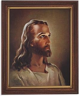 Gerffert Collection Sallman Head of Christ Catholic Framed Portrait Print, 13 Inch (Wood Tone Finish Frame)