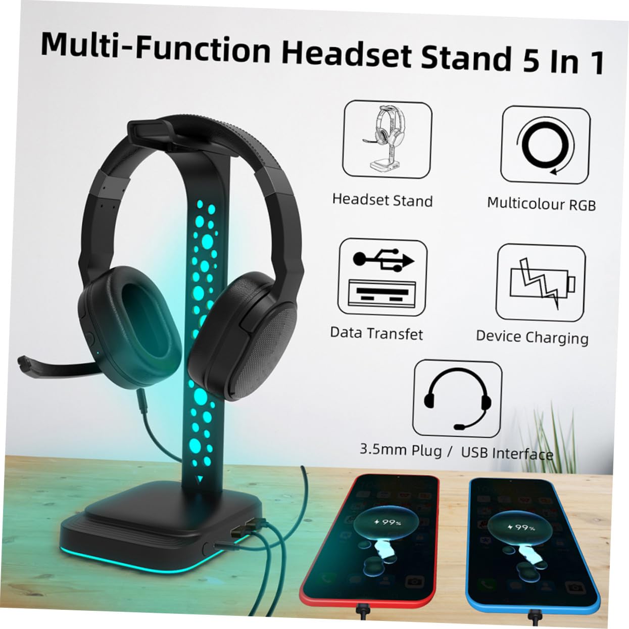 Soporte para Auriculares de Mesa con Luz RGB Ajustable Base Antideslizante Doble USB Hub y Conector Aux Compatible con PC y Gaming
