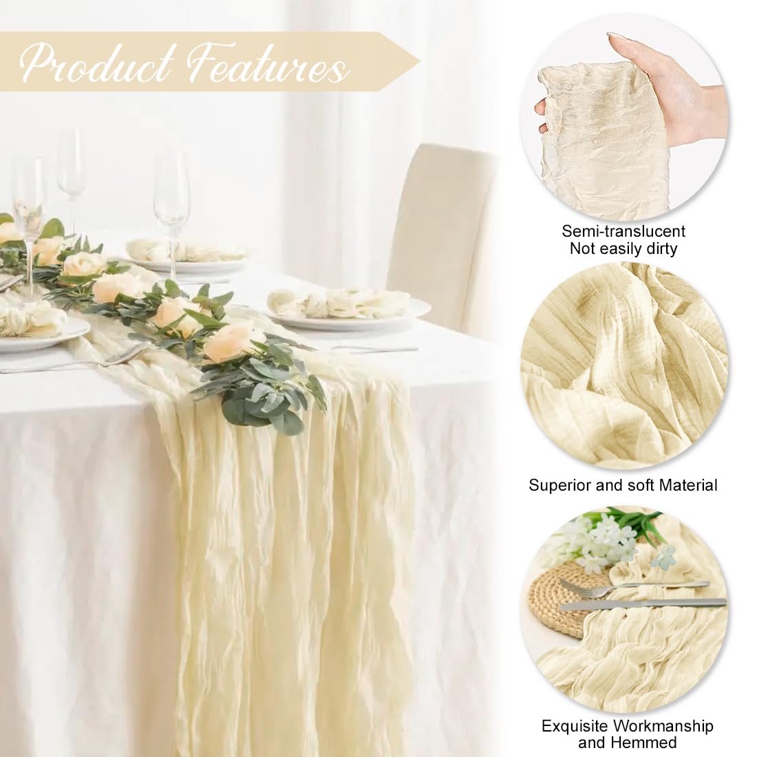 CHUQING Chiffon Table Runner 70x300cm - Beige Wedding & Party Decoration Fabric Runner - View #12