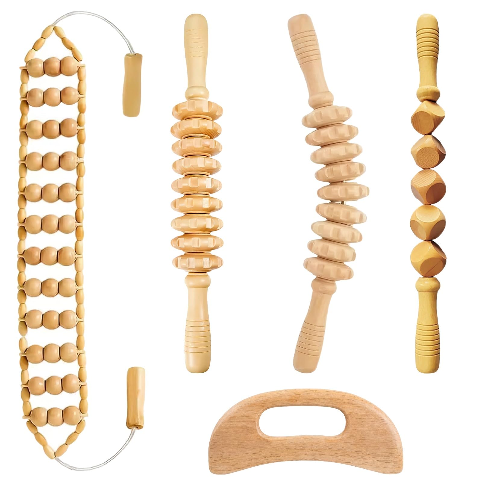 Kit de 5 piezas de maderoterapia, herramientas de masaje de terapia de madera con rodillo trasero y tabla de raspar, juego de masajeador de madera para esculpir el cuerpo y relajar los músculos