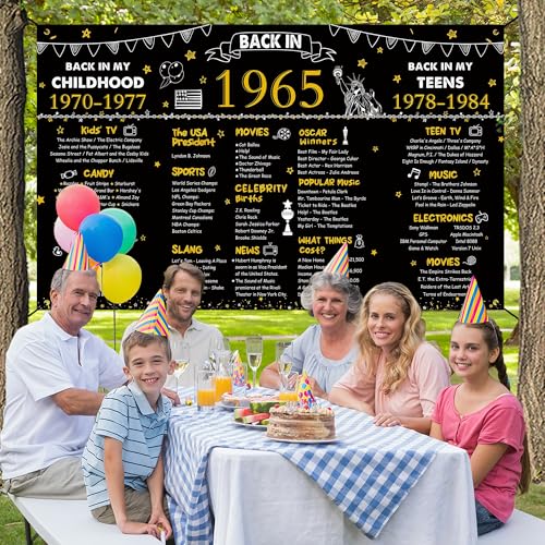 Image of DARUNAXY 61st Birthday Black Gold Party Decoration, Back in 1965 Banner Cheers to 61 Years Old Birthday Party Poster Supplies, 6 * 3.6FT Vintage 1965 Backdrop Photography Background for Men and Women