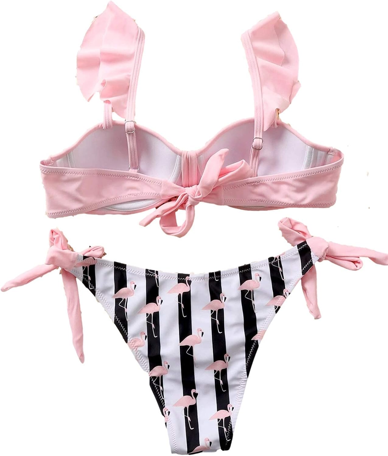 Lilosy Cute Flamingo Striped Side Tie Ruffle Strap Knotted Front Bikini Swimsuit Set Women Tie Back Bathing Suit
