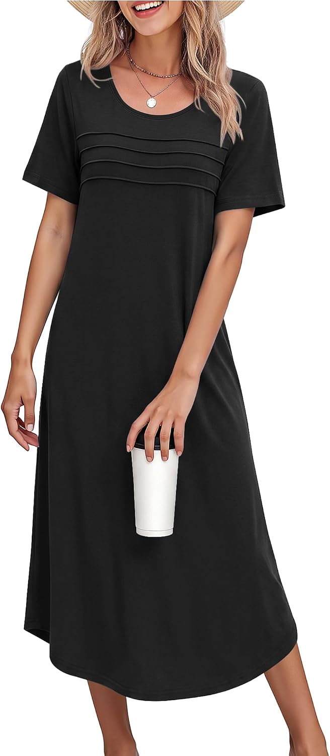 Ekouaer Nightgowns for Women Long Night Gown Pleated Moo Moos Short Sleeve House Dress Plus Size Lounge Dress S-5XL