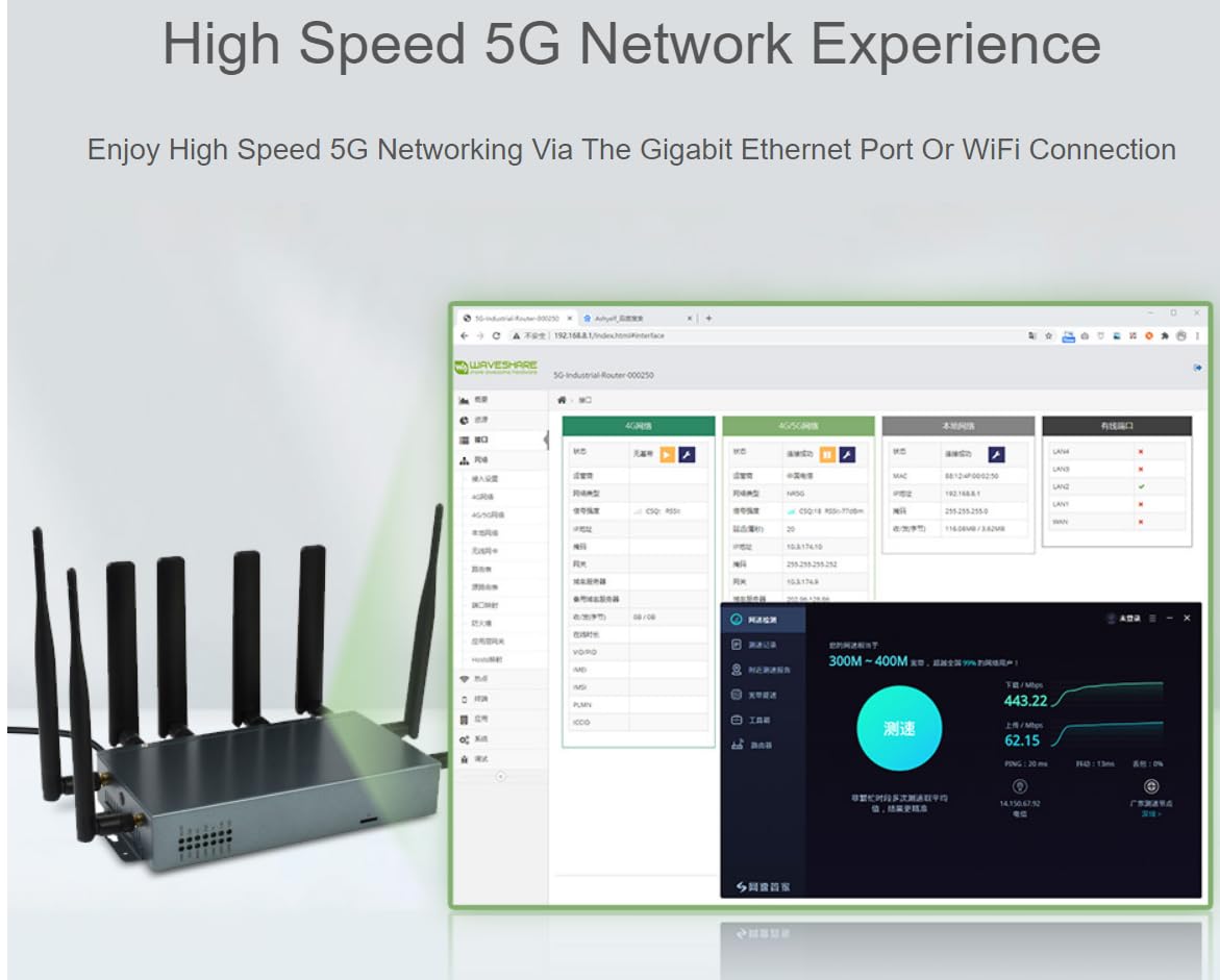 RM520N-GL Router industrial de quinta generación CPE Snapdragon X62 Módulo de banda global de quinta generación Gigabit Ethernet y WFi admite múltiples estándares de red