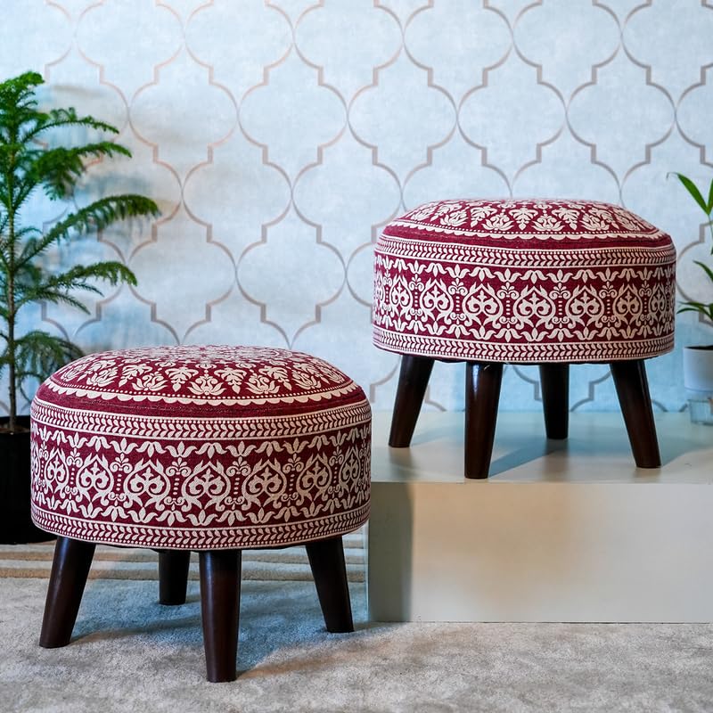 Image of Stool Ottoman Pouffes for Living Room, Kitchen, Home, Office Furniture with Soft Cotton Cushion Mudda Footrest Stool for Chair Sofa Bed Dressing Decor, Mandala Red (14 Inch Pack of 2)