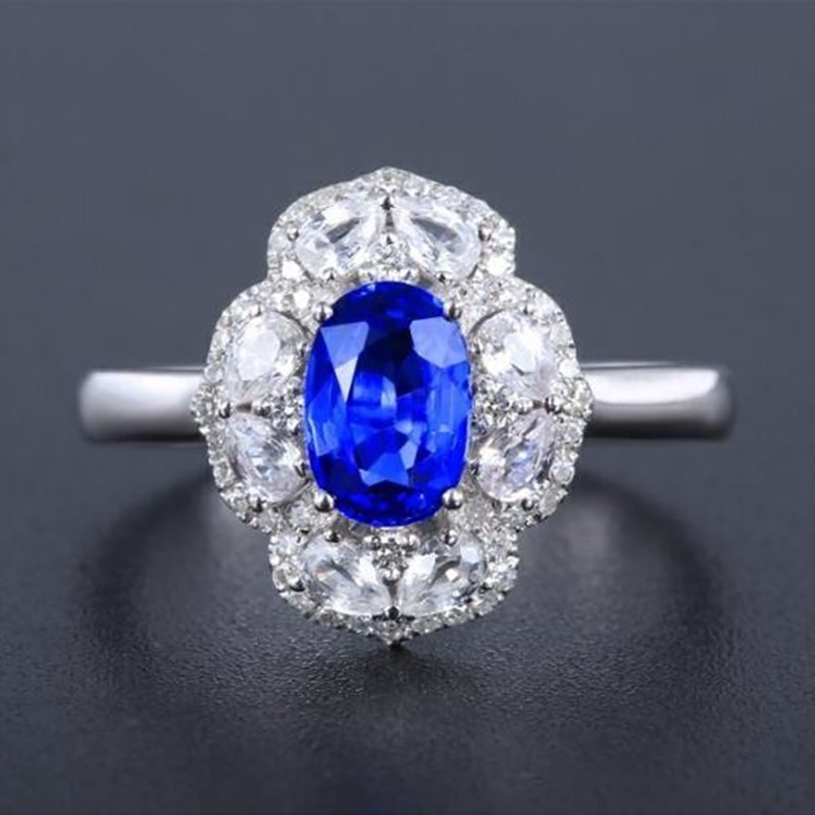 Daesar Anillos Mujer de Boda con Flor y Oval con Zafiro Creado de 1.12ct y Moissanita, Oro Blanco 9K/14K/18K, Anillos de Matrimonio de Boda Plata Azul