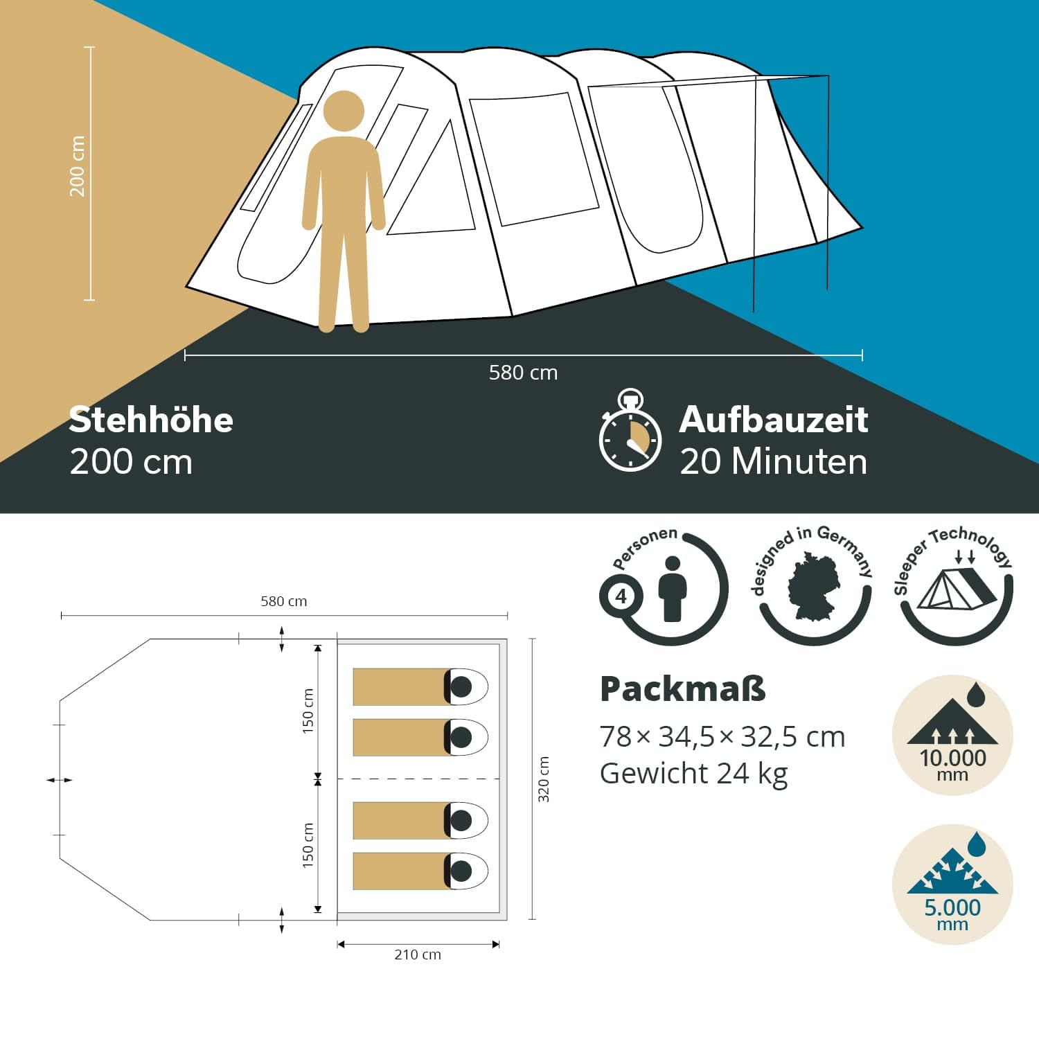 Skandika Nordland - con/sin Sleeper Technology - 4 Personas - Tienda campaña Familiar - túnel - mosquiteras- 2 Metros