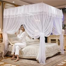 Double Layer Canopy Bed Curtains, Luxury Lace Princess Style Pink 4 Corners Post Canopy Bed Cover for Girls Teens or Adults Bedroom DecorationWhite,Full/59x79in