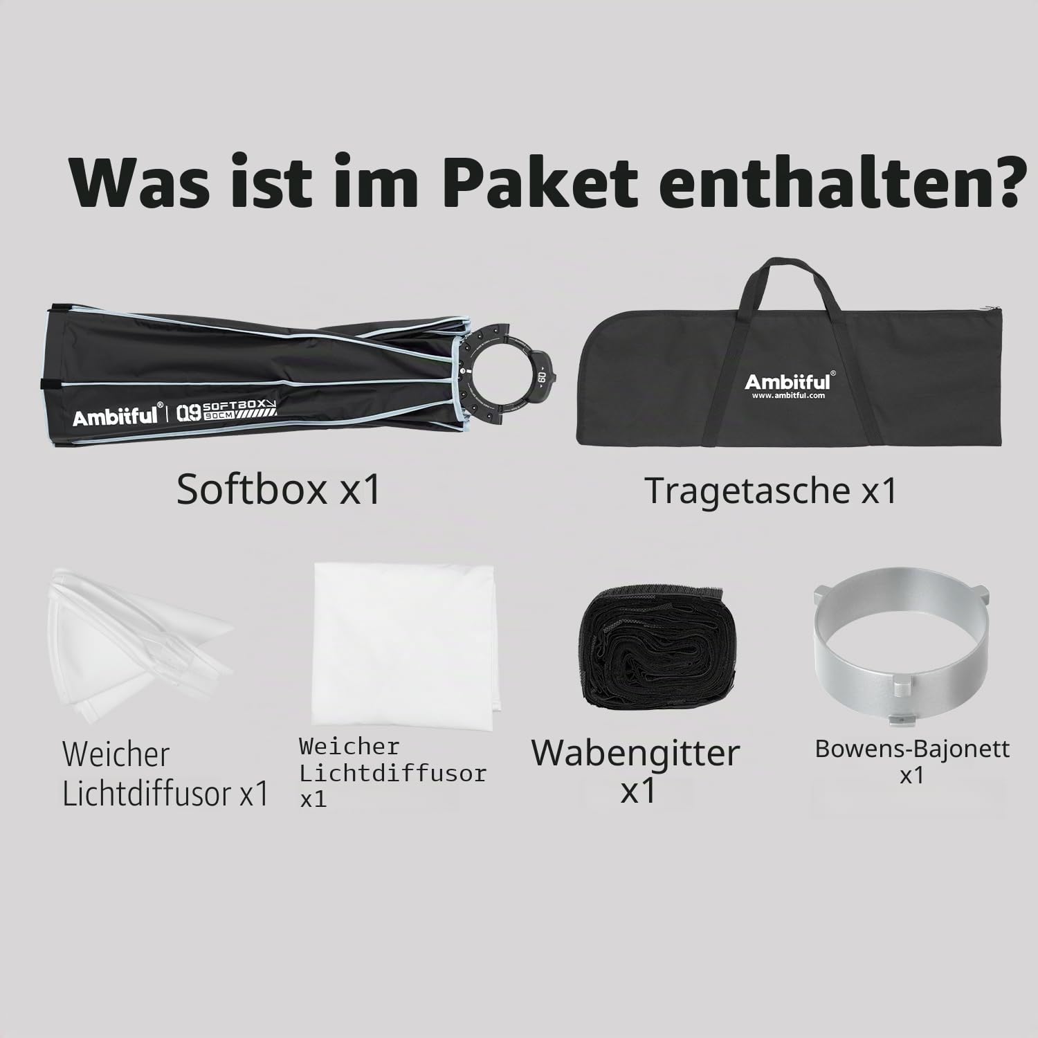 Ambitful 120 cm Schnellwechsel-Parabol-Softbox, Hexadecagon Bowens-Softbox mit 2 Diffusoren und Wabengitter, Tragetasche, kompatibel mit Studio Speedlite Flash und Monolight