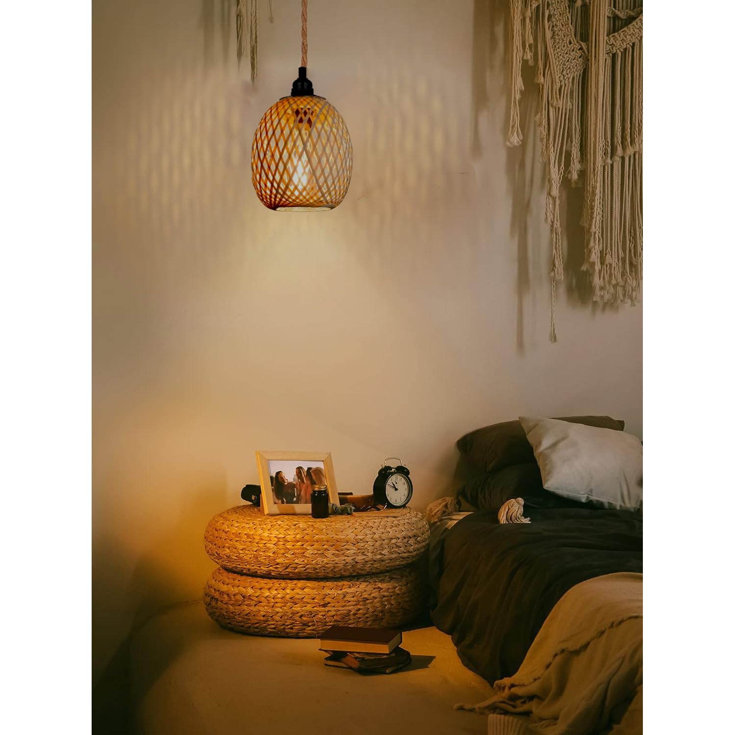 Hängelampe Lampenschirm mit Stecker Outdoor Lampe Hängend Boho Rattan Deckenlampe Hängeleuchte Bambus Deko Deckenleuchte Esstisch Lampen Hängelampen Pendelleuchte 4,5M Kabel für Schlafzimmer