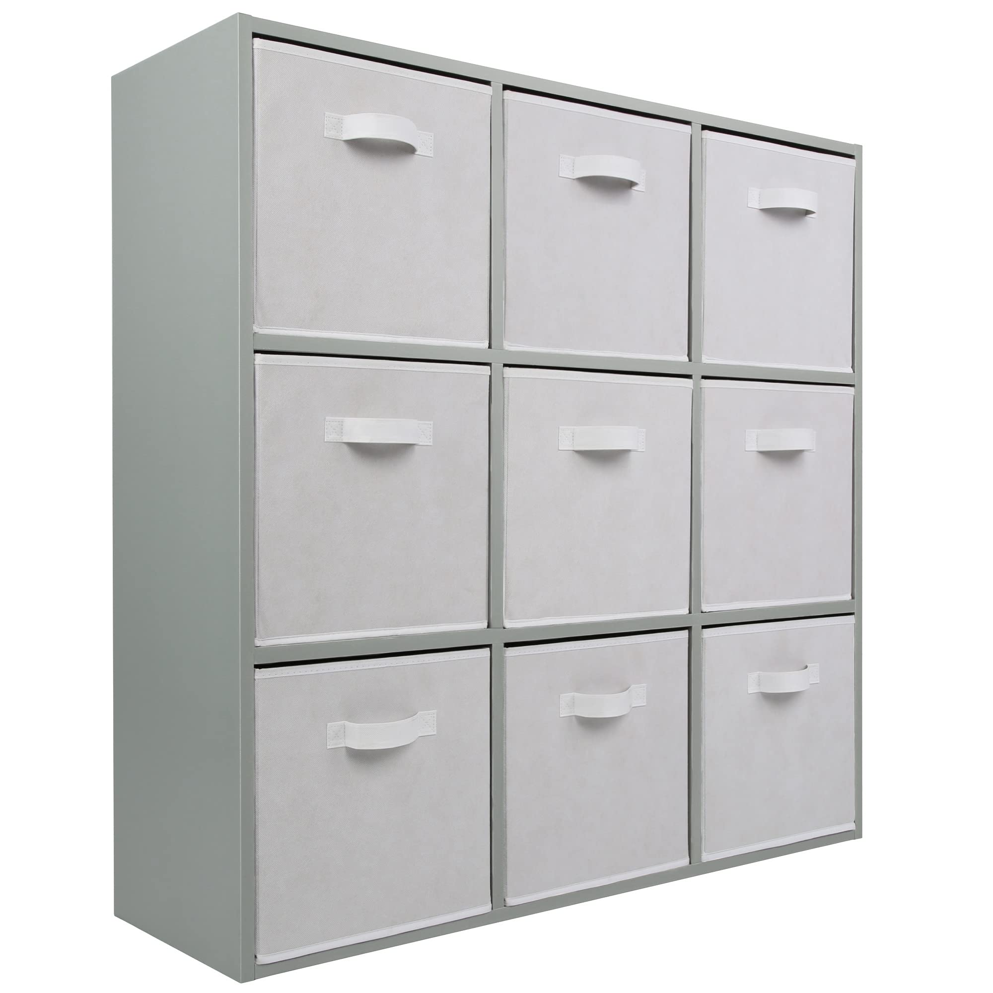 Charles Jacobs Grey 9 Cube Storage Shelving Unit + 9 White Fabric Drawers