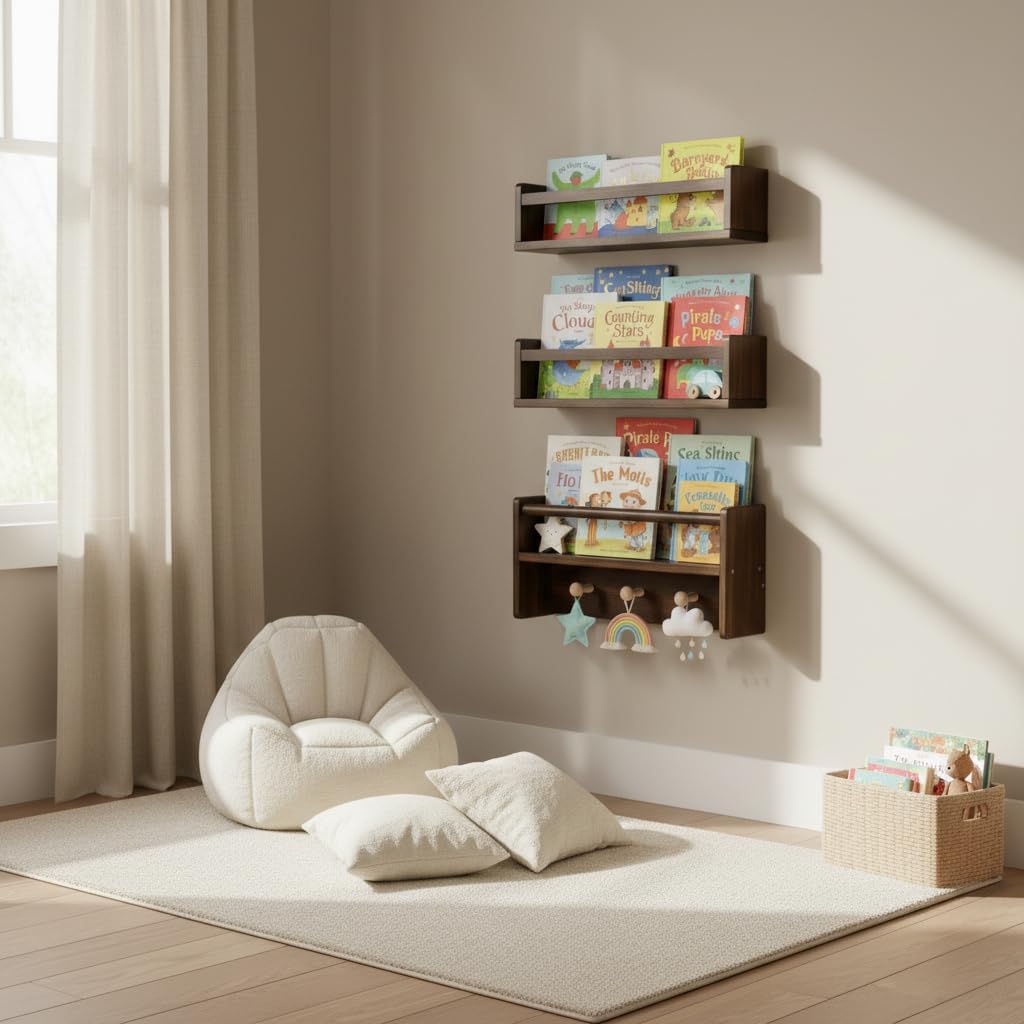 AZSKY 16 Inch Nursery Book Shelves Wall Floating Bookshelf with Hook Deep Walnut Hanging Book Shelf Toddler Room for Kids Room Bedroom Bathroom Living Room Kitchen Set of 3 image 2