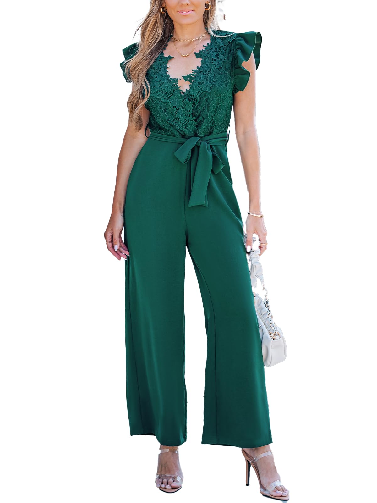 CUPSHE Combinaison maxi en dentelle avec col en V et poches à volants et ceinture pour femme