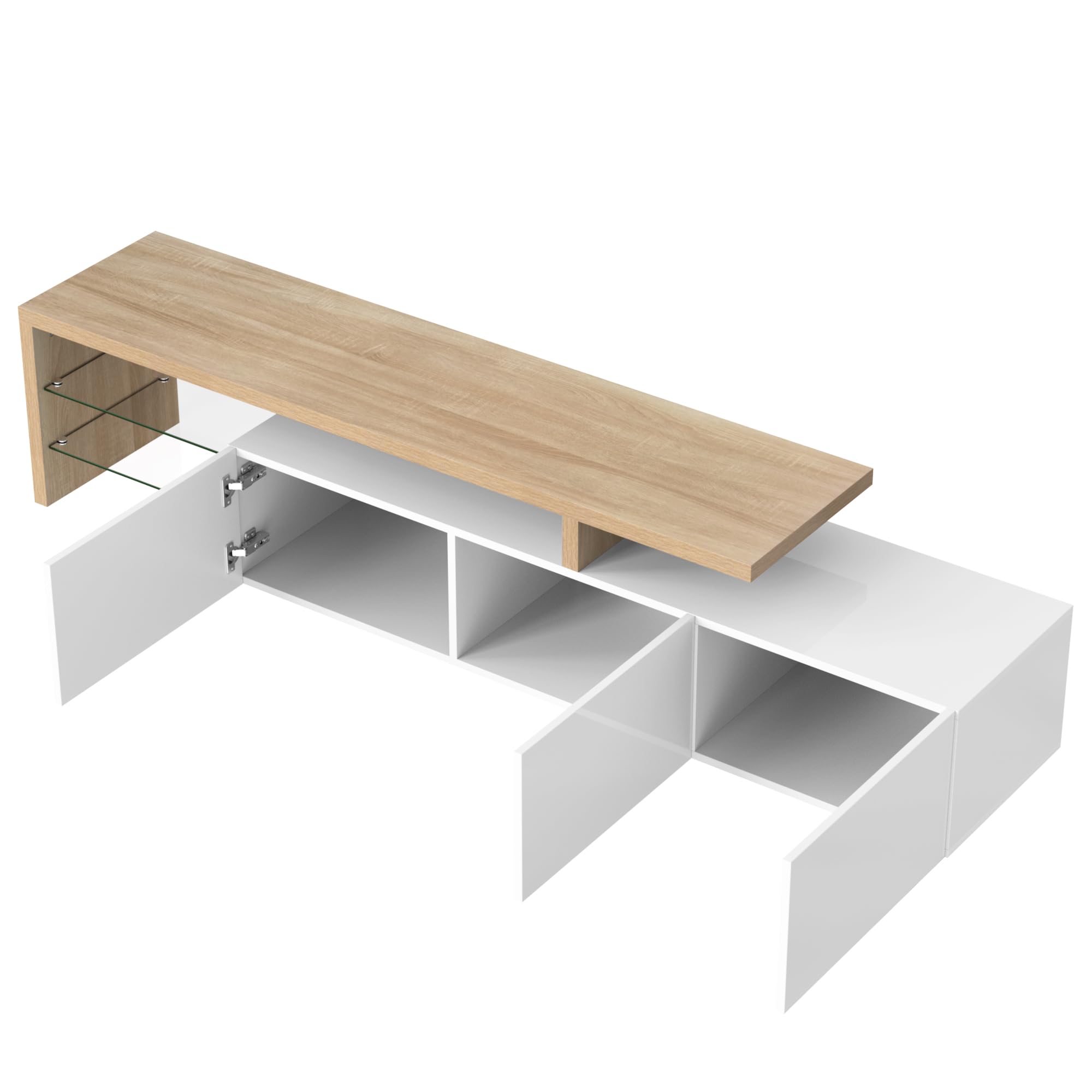 Azkoeesy 200 cm Mobile TV con illuminazione a LED, Bianco lucido, con ripiani in vetro, moderno mobile TV basso per soggiorno (Bianco 200 cm)