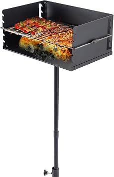 16x16 Inch Park-Style Charcoal Grill, Heavy Duty Steel Outdoor BBQ Park Grill with Stainless Steel Cooking Grate and Post for Backyard or Camping, Black