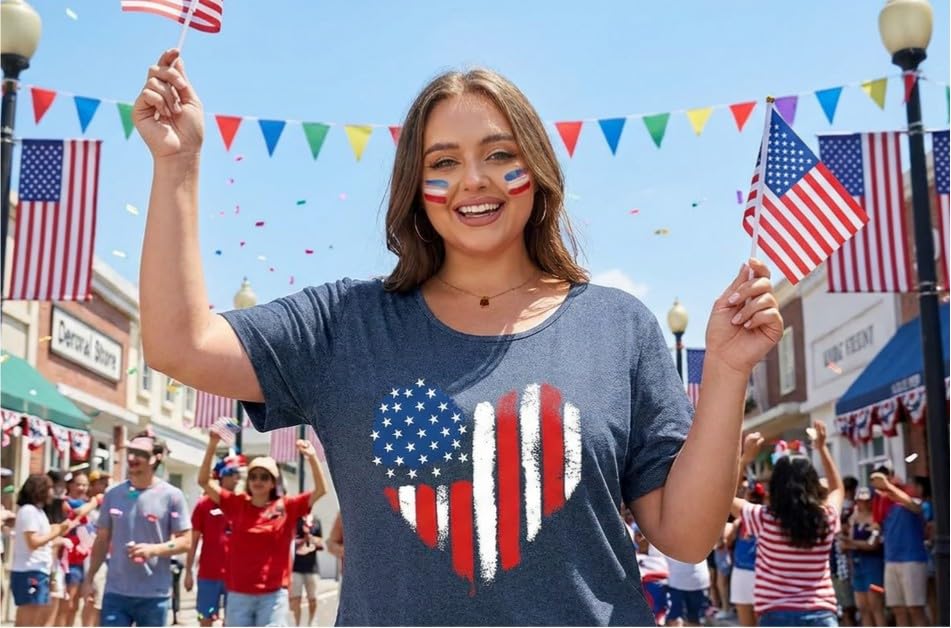 Image of ForHailey Women's 4th of July Patriotic Shirts Graphic Tees USA Shirt American Flag Short Sleeve Tunic Tops