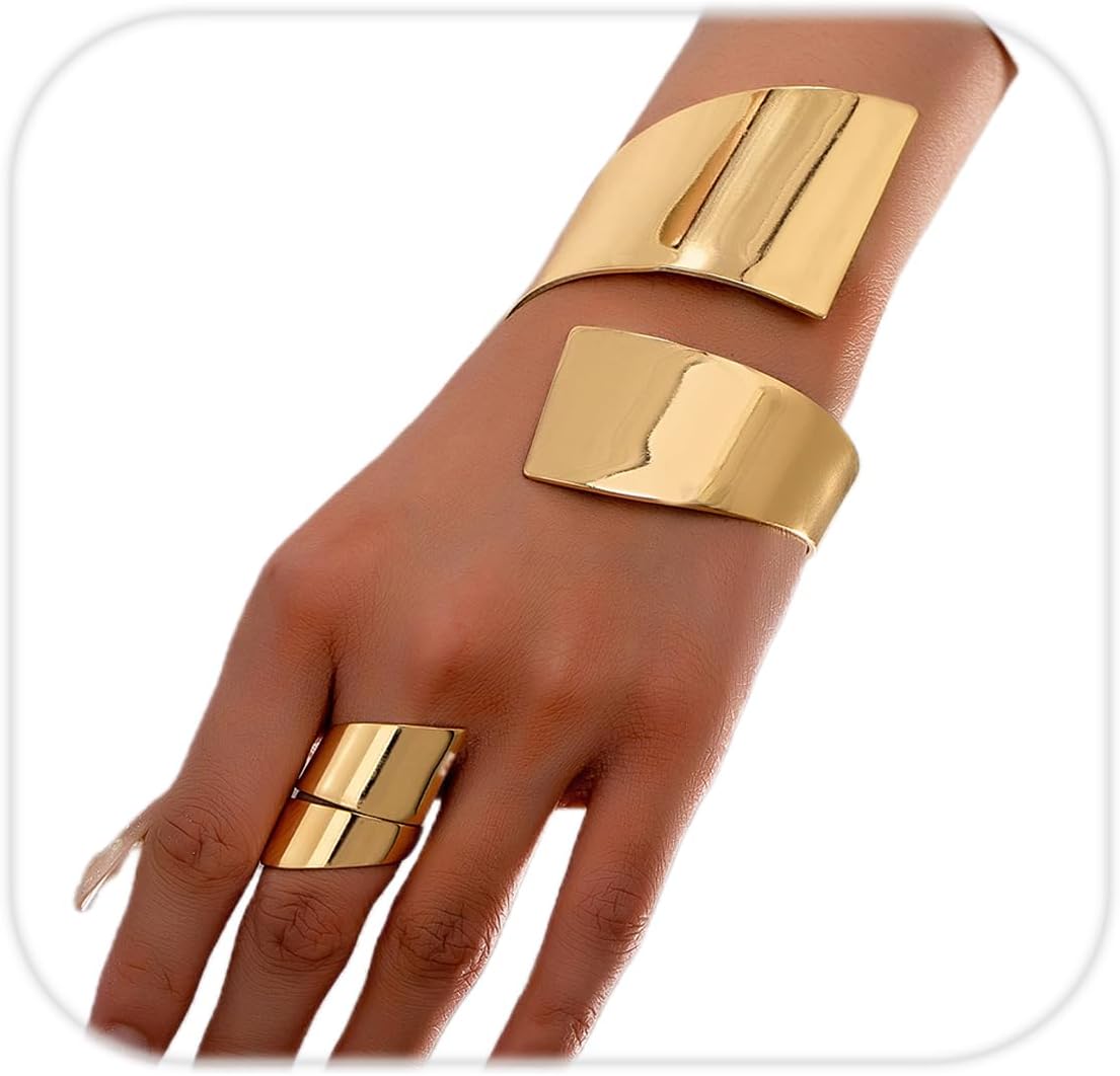 Maximalist Chunky Wide Cuff Bangle Ring Set for Women Punk Geometric Metal Spiral Smooth Open Wrist Bracelet and Ring Fashion Statement Jewelry Accessories