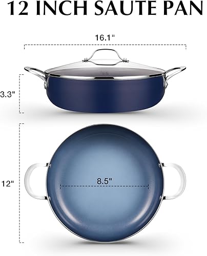 Miniatura 9 de KOCH SYSTEME CS Sartén para saltear de 12 pulgadas, sartén profunda de 5.5 cuartos de galón, sartén antiadherente de cerámica sin toxinas con tapa,