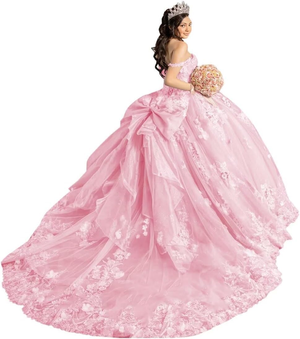 Yifanier Spaghetti Strap Quinceanera Dresses with Bow Sparkly Tulle Prom Gowns 3D Flower Quinceanera Dresses MT040 Pink