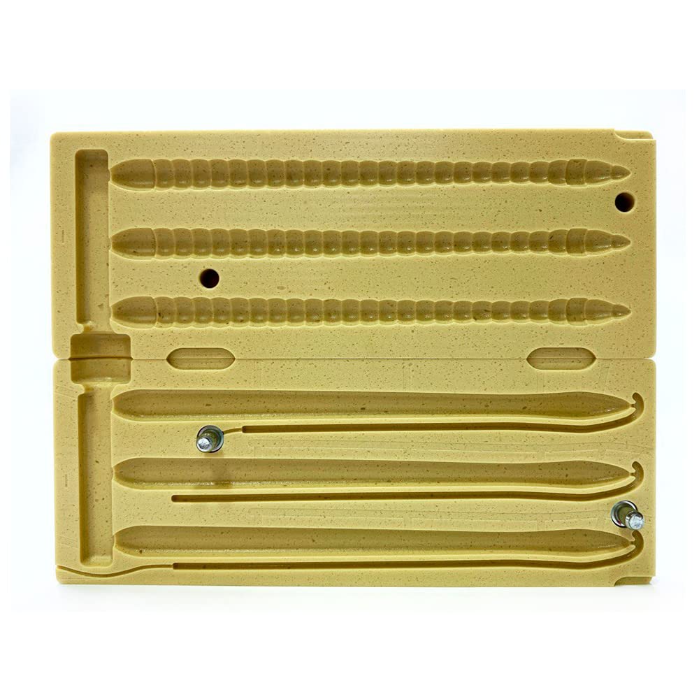 Smedioks Molde de inyección de plástico suave, 3 cavidades de 5 pulgadas Berkley Gulp Shakey | Piedra acrílica mecanizada CNC, canales de ventilación mejorados, fundición sin burbujas, compatible con inyectores estándar